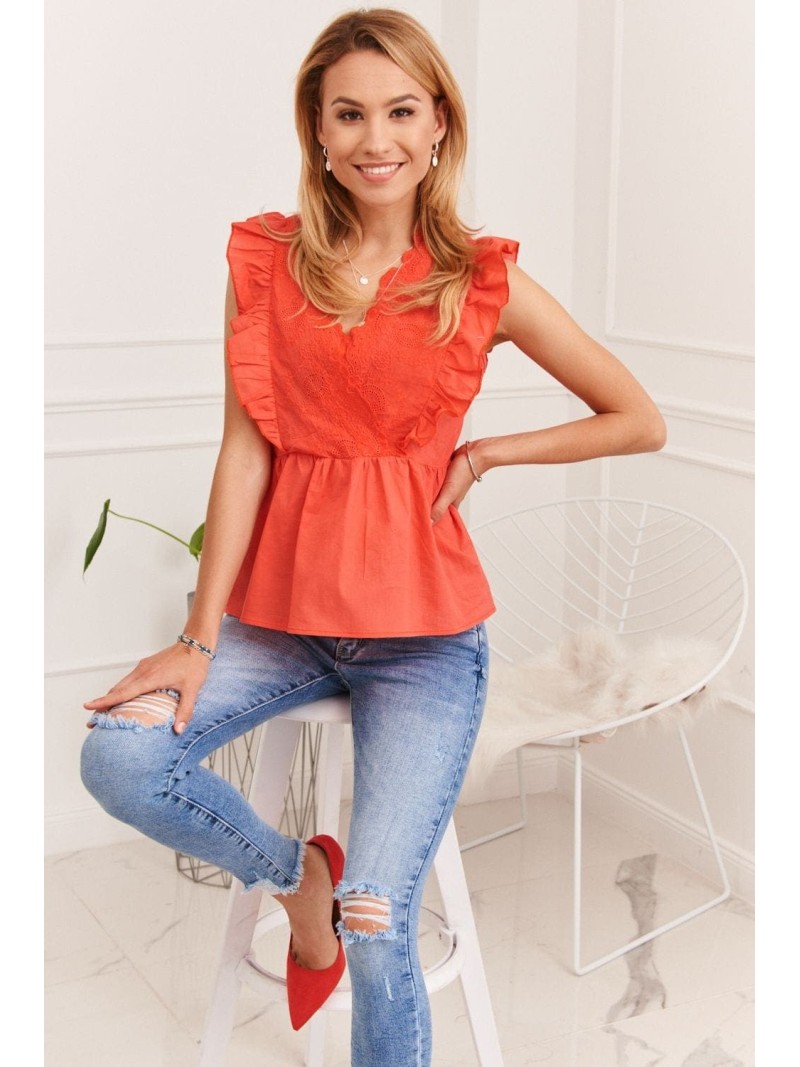 Bluza de vara dama cu brodat fata, coral 87222 - Magazin online - Boutique